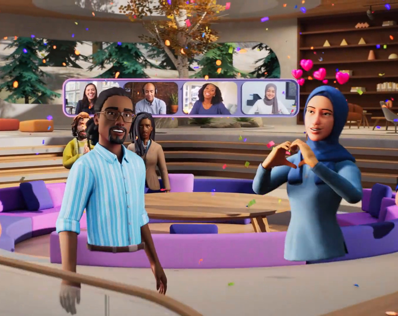 Microsoft Mesh avatars gathering in an immersive event space
