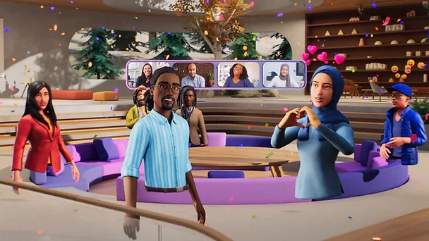 Microsoft Mesh avatars gathering in an immersive event space