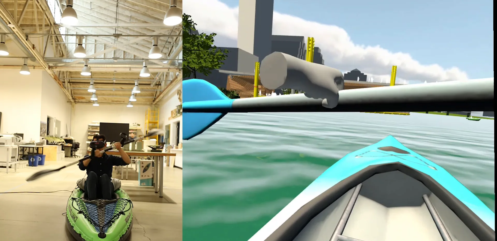 A visitor paddling a real kayak in VR, beside the headset view of the river
