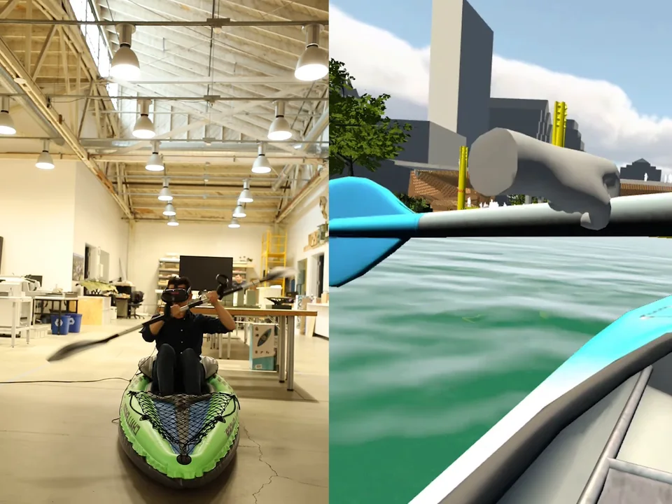 A visitor paddling a real kayak in VR, beside the headset view of the river